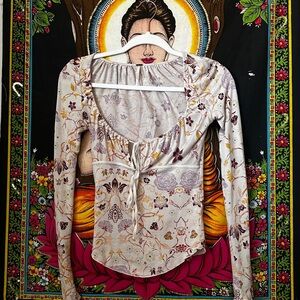 Free People Cream Floral Tie-Front Long Sleeve Top